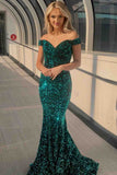 Sexy Mermaid Off The Shoulder Sequins Long Prom Dresses