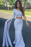 Sexy Mermaid One Shoulder Grey Slit Satin Long Zipper Prom Dresses rjs63