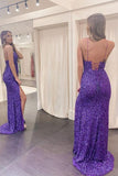 Sexy Mermaid Purple Spaghetti Straps Sequins Long Evening Dress Backless Prom Dresses With Slit Rjerdress