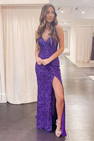 Sexy Mermaid Purple Spaghetti Straps Sequins Long Evening Dress Backless Prom Dresses With Slit