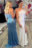 Sexy Mermaid Sequins Strapless Long Feathers Formal Dress with Slit Rjerdress