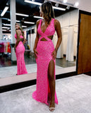 Sexy Mermaid/Sheath Cut Out V Neck Sequin Prom Dress With Split Rjerdress