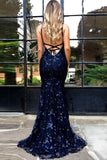 Sexy Mermaid Spaghetti Straps Lace Backless Navy Blue Prom Dresses Long Evening Dresses Rjerdress