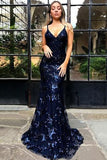 Sexy Mermaid Spaghetti Straps Lace Backless Navy Blue Prom Dresses Long Evening Dresses