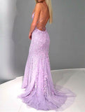 Sexy Mermaid Spaghetti Straps Lilac Tulle Lace Prom Evening Dresses with Appliques RJS73 Rjerdress