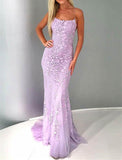 Sexy Mermaid Spaghetti Straps Lilac Tulle Lace Prom Evening Dresses with Appliques RJS73