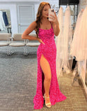 Sexy Mermaid Spaghetti Straps Long Custom Sequin Prom Dresses With Split RJS958