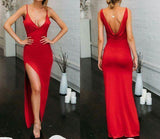 Sexy Mermaid Spaghetti Straps V Neck Red Side Slit Satin Long Prom Dresses Rjerdress