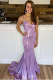 Sexy  Mermaid Spaghetti Straps V Neck Stretch Satin Prom Dresses With Sweep Train Rjerdress