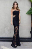 Sexy Mermaid Strapless Floor-Length Black Lace Cut Out Sleeveless Prom Dresses uk RJS301