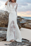 Sexy Mermaid/Trumpet Long Sleeve Beach Wedding Dresses Illusion Neck With Applique Sweep Train Rjerdress
