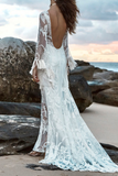 Sexy Mermaid/Trumpet Long Sleeve Beach Wedding Dresses Illusion Neck With Applique Sweep Train Rjerdress