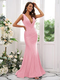 Sexy Mermaid V Neck Backless Ruched Bridesmaid Dresses Rjerdress