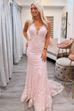 Sexy Mermaid V Neck Pink Lace Backless Long Prom Dresses RJS645