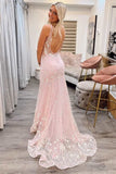 Sexy Mermaid V Neck Pink Lace Backless Long Prom Dresses RJS645 Rjerdress