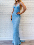 Sexy Mermaid V Neck Spaghetti Straps Backless Blue Sequins Long Prom Dresses