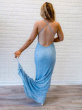 Sexy Mermaid V Neck Spaghetti Straps Backless Blue Sequins Long Prom Dresses Rjerdress