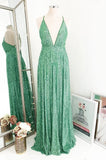 Sexy Mint Green Deep V Neck Sequin Open Back Prom Dresses