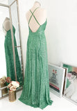 Sexy Mint Green Deep V Neck Sequin Open Back Prom Dresses Rjerdress
