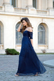 Sexy Off-the-Shoulder Chiffon Half Sleeve Sweetheart Navy Blue Floor Length Prom Dresses RJS238