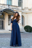 Sexy Off-the-Shoulder Chiffon Half Sleeve Sweetheart Navy Blue Floor Length Prom Dresses RJS238 Rjerdress