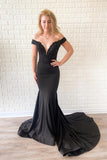 Sexy Off the Shoulder Lace Bodice Black Mermaid Prom Dresses Court Train Rjerdress