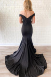 Sexy Off the Shoulder Lace Bodice Black Mermaid Prom Dresses Court Train Rjerdress