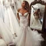Sexy Off the Shoulder Mermaid Tulle Wedding Dresses With Lace Appliques Rjerdress