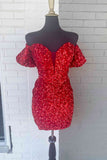 Sexy Off the Shoulder Red Bodycon Sequins Above Knee Sheath Homecoming Dress Rjerdress
