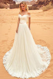 Sexy Off-the-Shoulder Sweep Train Sweetheart A-Line Tulle Ivory Floor-Length Wedding Dress Rjerdress
