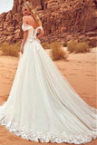 Sexy Off-the-Shoulder Sweep Train Sweetheart A-Line Tulle Ivory Floor-Length Wedding Dress Rjerdress