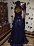 Sexy One-Shoulder Prom Dresses A Line Navy Blue Sequined Cheap Prom Dress with Split P1042 Rjerdress