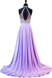 Sexy Open Back Halter Prom Dresses With Beading Chiffon Sweep Train Rjerdress