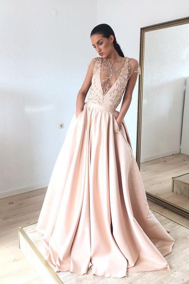 Sexy Open Back High Neck Satin With Beading A Line Sweep Train Prom Dresses With Pockets Rjerdress