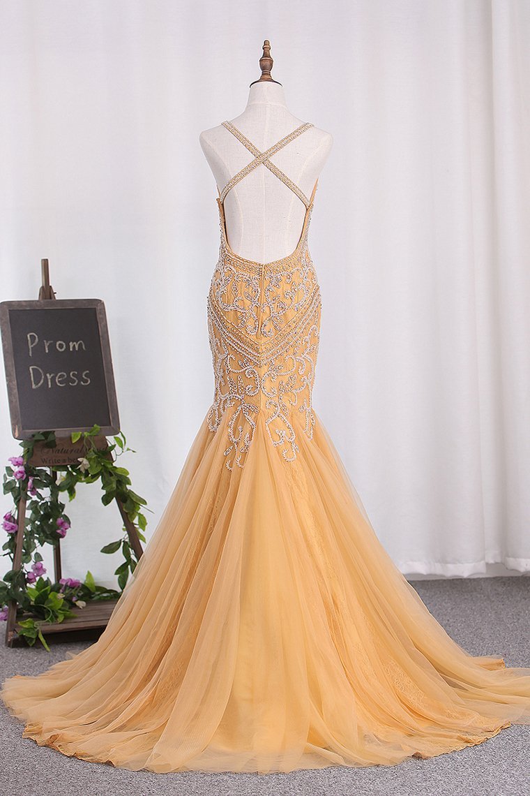 Sexy Open Back Mermaid Tulle Party Dresses Spaghetti Straps Beaded Bodice Rjerdress