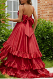 Sexy Open Back Prom Dresses A Line Straps Satin With Cascading Ruffles Asymmetrical Rjerdress