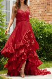 Sexy Open Back Prom Dresses A Line Straps Satin With Cascading Ruffles Asymmetrical Rjerdress