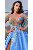 Sexy Open Back Scoop Long Sleeves Blue Prom Dresses A Line Satin Sweep Train Rjerdress