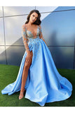 Sexy Open Back Scoop Long Sleeves Blue Prom Dresses A Line Satin Sweep Train Rjerdress