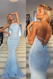 Sexy Open Back Spaghetti Straps Prom Dresses Mermaid Sweep Train Lace Rjerdress