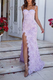 Sexy Open Back Spaghetti Straps Sweetheart Lilac Mermaid Lace Prom Dresses Rjerdress