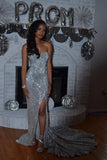 Sexy Open Back Sweetheart Neck Mermaid Silver Prom Dresses Sequins With Slit