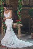 Sexy Open Back Wedding Dresses V Neck Lace Mermaid Sweep Train Rjerdress