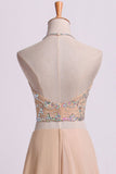 Sexy Party Dresses Halter Two Pieces A Line With Flowing Chiffon Skirt Beaded Rjerdress