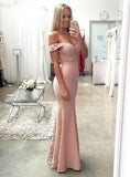 Sexy Pink Lace Off the Shoulder Pink Graduation Dress Formal Dress Long Evening Dresses RJS851 Rjerdress