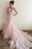 Sexy Pink Tulle Mermaid Wedding Dresses Backless V Neck Lace Bodice Bride Dresses