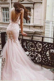 Sexy Pink Tulle Mermaid Wedding Dresses Backless V Neck Lace Bodice Bride Dresses Rjerdress