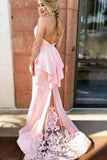 Sexy Pink Two Pieces Halter Mermaid Open Back Prom Dresses With Appliques