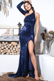 Sexy Plus Size Mermaid Sequins One Shoulder Long Sleeve Slit Prom Evening Dresses Rjerdress