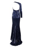 Sexy Plus Size Mermaid Sequins One Shoulder Long Sleeve Slit Prom Evening Dresses Rjerdress